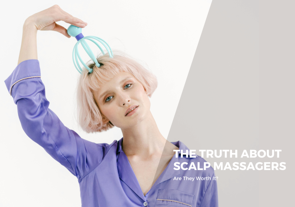 A woman holding scalp massager on her scalp